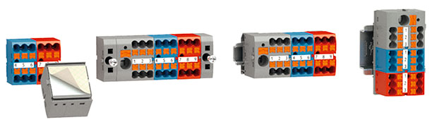 Рис. 4. Распределительные блоки PTFIX предлагают несколько вариантов крепления: установка на&nbsp;DIN-рейку, крепление фланцевыми винтами и&nbsp;фиксация на&nbsp;клеевой основе. Возможность соединения корпусов блоков между собой позволяет создать жесткую единую конструкцию