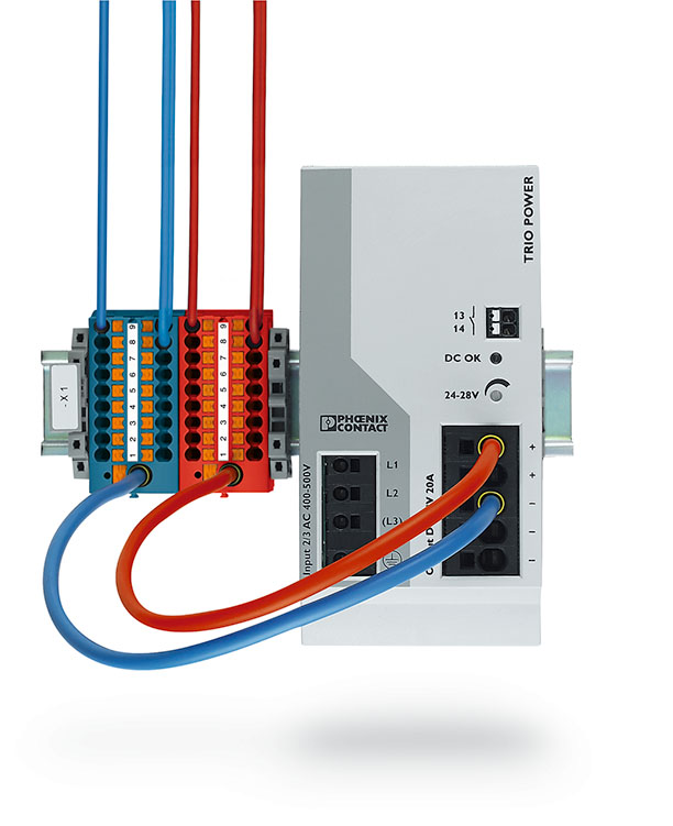 Рис. 3. Использование распределительных блоков PTFIX с&nbsp;вводным контактом большего сечения позволяет подключить крупный провод от&nbsp;источника питания, а&nbsp;к&nbsp;потребителям развести уже провода меньшего сечения